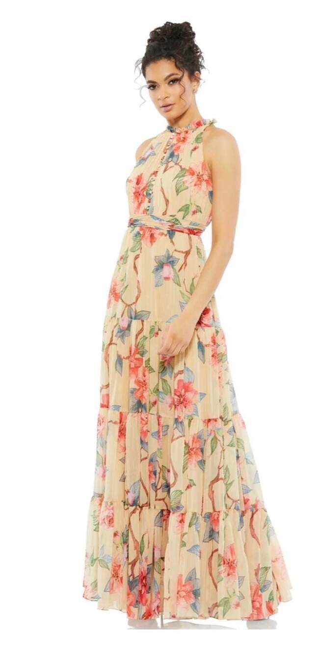 Ieena for Mac Duggal Floral Print Halter Maxi Dress Size 2 Style #55429